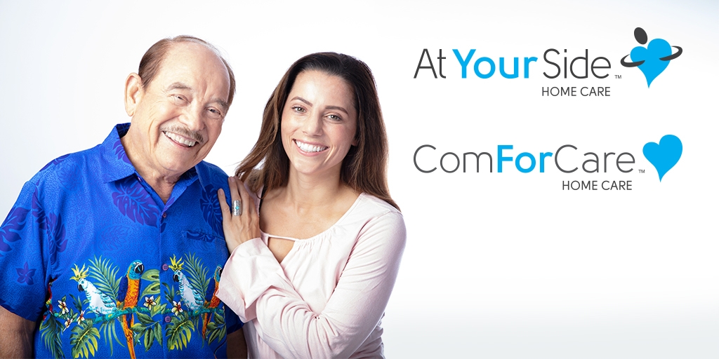 A photo of a younger woman with an older gentleman next to the logos for ComForCare and At Your Side.