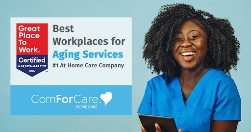 A graphic featuring a caregiver and the certified Great Place To Work award.