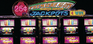 A photo of a set of slot machines at a casino.